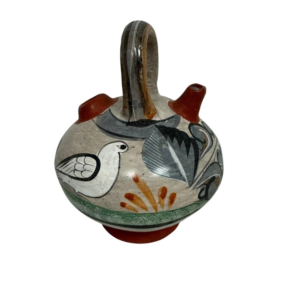 Vintage Mexican Tonala Clay Pottery Folk Art‎ Water Jug Bird Floral Hand Painted